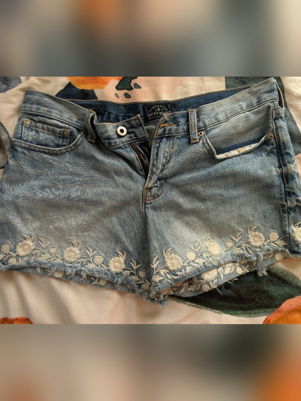 Vintage Lucky Cut Off Shorts, Floral Embroidery 100% Cotton.